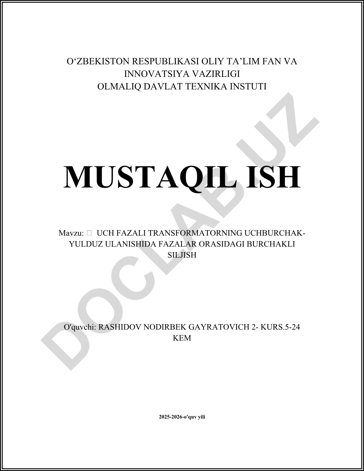 Uch fazali transformatorning uchburchak-yulduz ulanishida fazalar orasidagi burchakli siljish