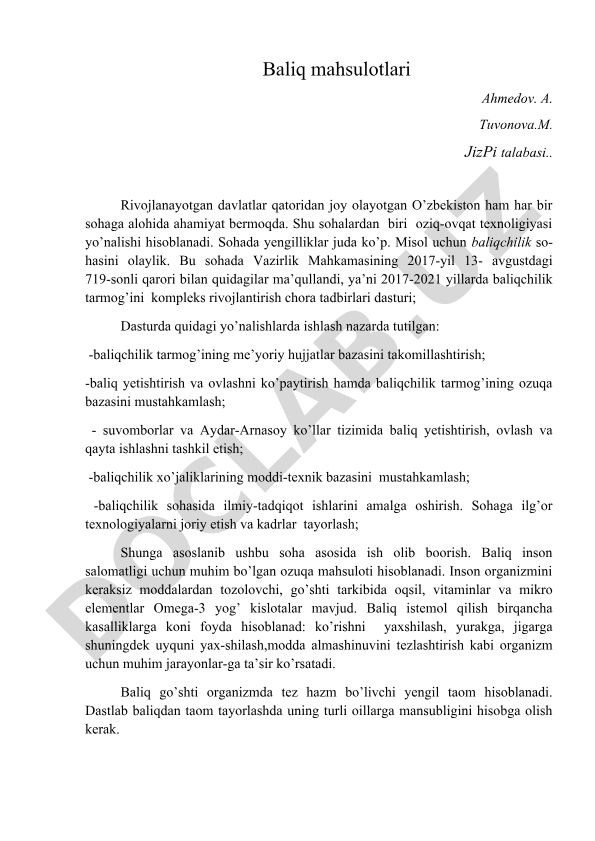 O'zbekistonda baliqchilik tarmog'ini rivojlantirish
