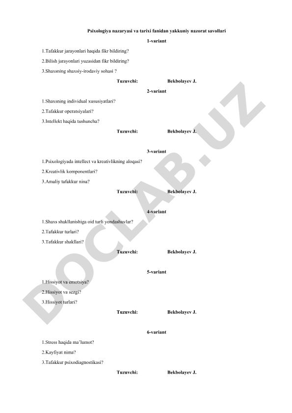 Psixologiya nazaryasi va tarixi fanidan yakkuniy nazorat savollari