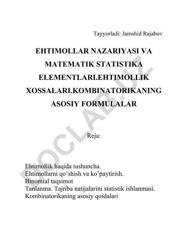 Ehtimollar nazariyasi va matematik statistika elementlari