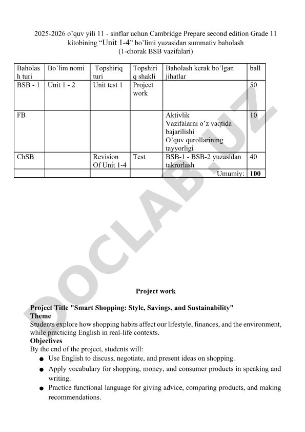 Cambridge Prepare Grade 11 Unit 1-4 summativ baholash va Smart Shopping loyihasi