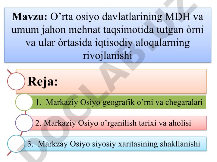 O’rta osiyo davlatlarining MDH va umum jahon mehnat taqsimotida tutgan òrni va ular òrtasida iqtisodiy aloqalarning rivojlanishi