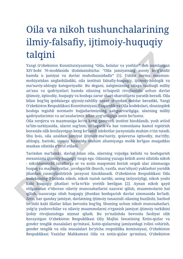 Oila va nikoh tushunchalarining ilmiy-falsafiy, ijtimoiy-huquqiy talqini