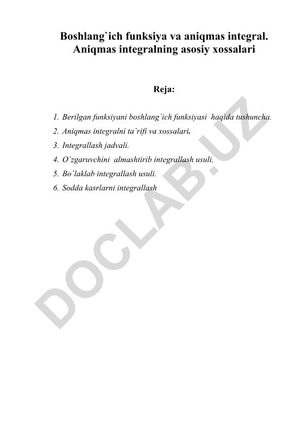 Boshlang'ich funksiya va aniqmas integral