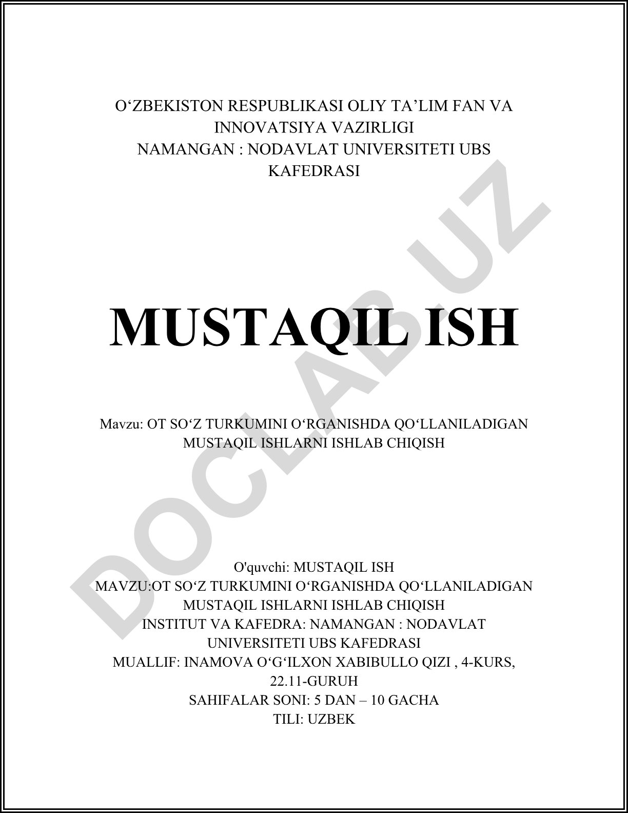 Ot soʻz turkumini oʻrganishda qoʻllaniladigan mustaqil ishlarni ishlab chiqish