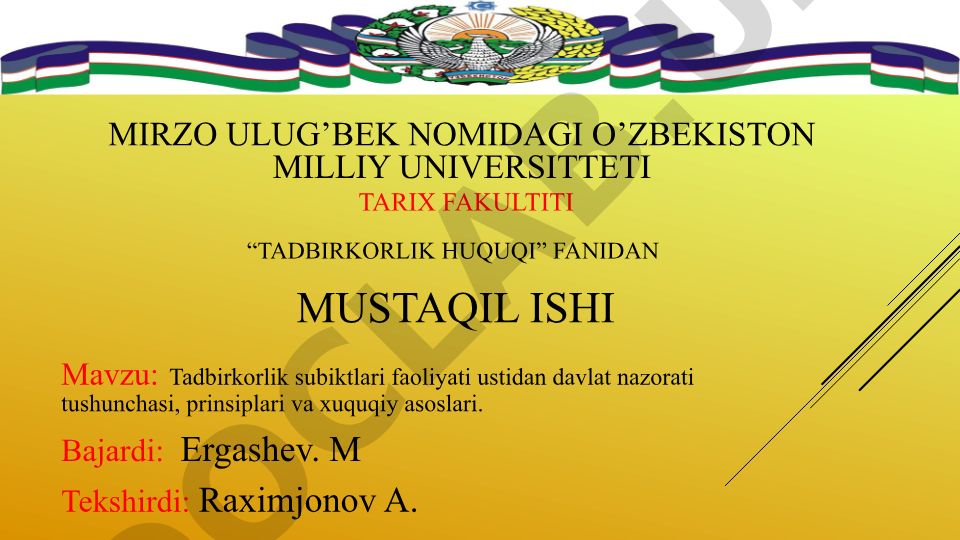 Tadbirkorlik subyektlari faoliyati ustidan davlat nazorati tushunchasi, prinsiplari va huquqiy asoslari