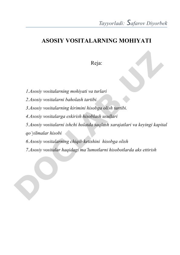 Asosiy vositalarning mohiyati va hisobga olish tartibi