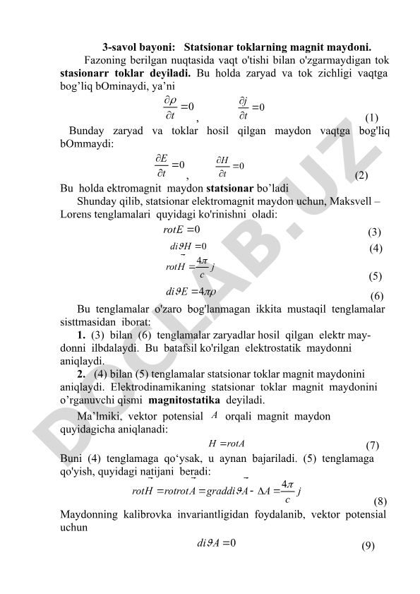 Statsionar toklarning magnit maydoni va magnitostatika