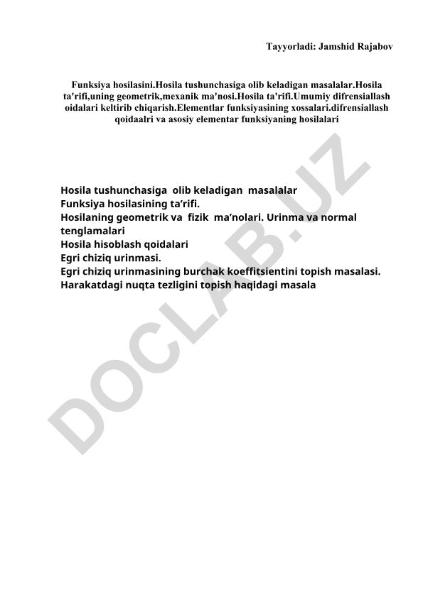 Funksiya hosilasi tushunchasi va uning qo'llanilishi