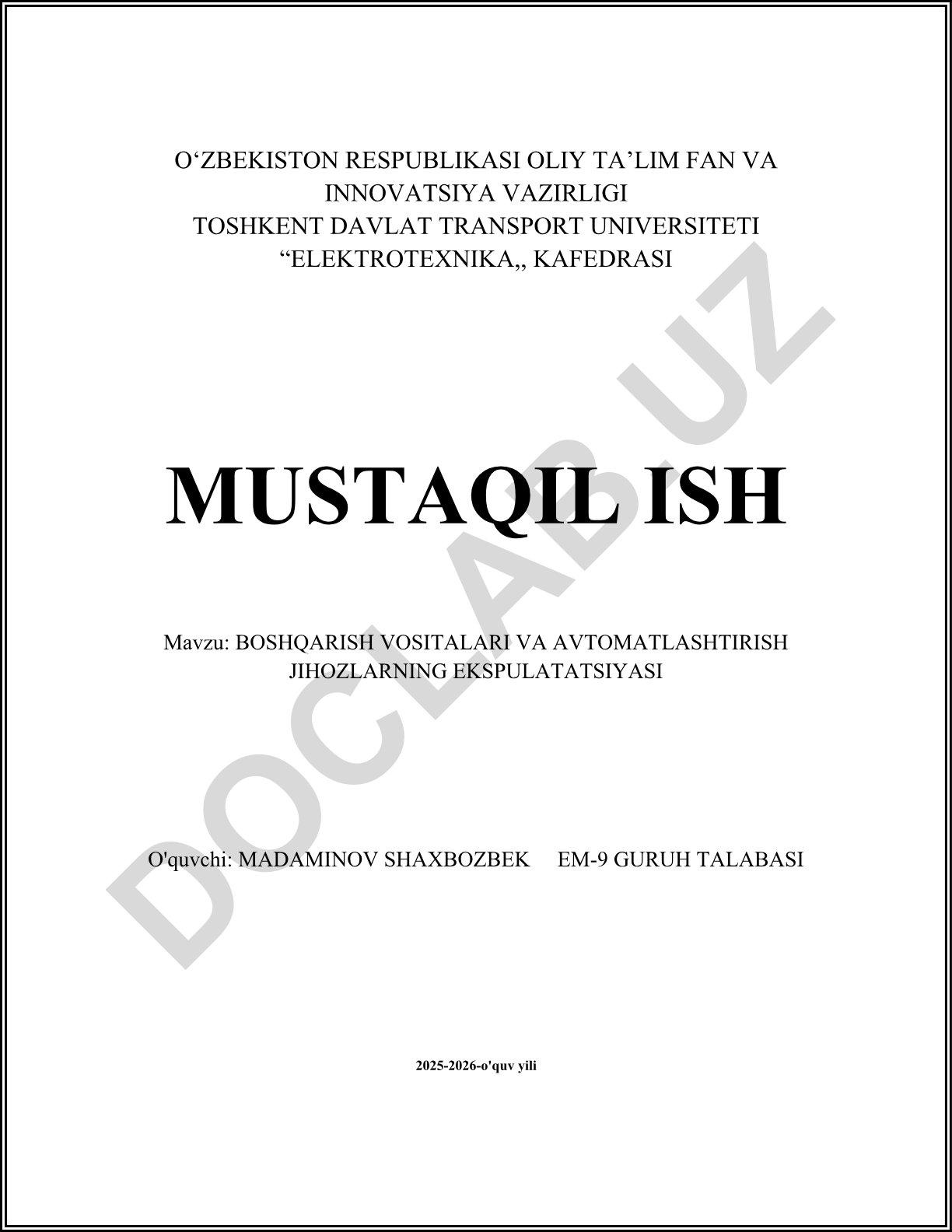Boshqarish vositalari va avtomatlashtirish jihozlarning ekspluatatsiyasi