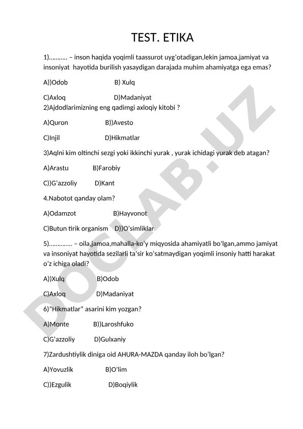 Etika fanidan test savollari