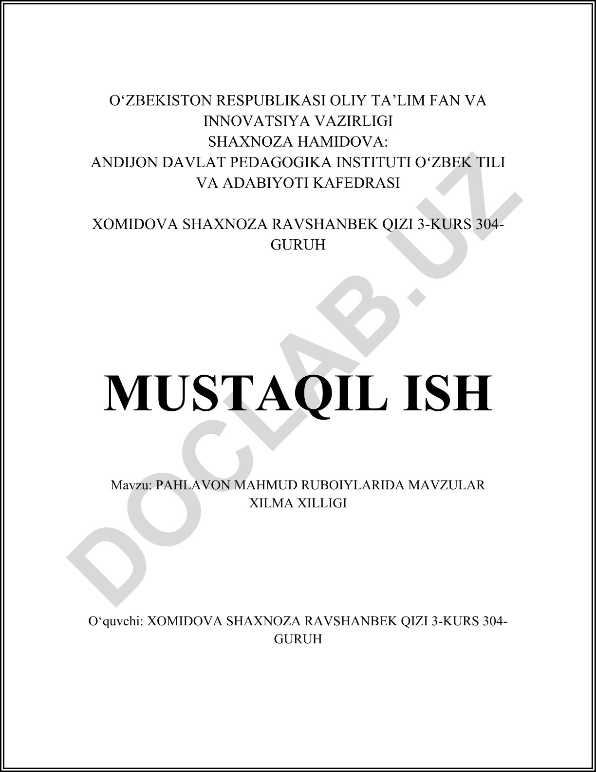 Pahlavon Mahmud ruboiylarida mavzular xilma xilligi