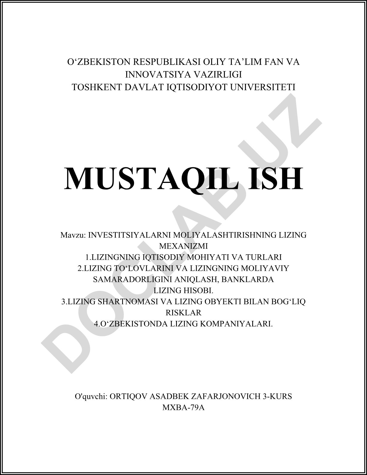 Investitsiyalarni moliyalashtirishning lizing mexanizmi