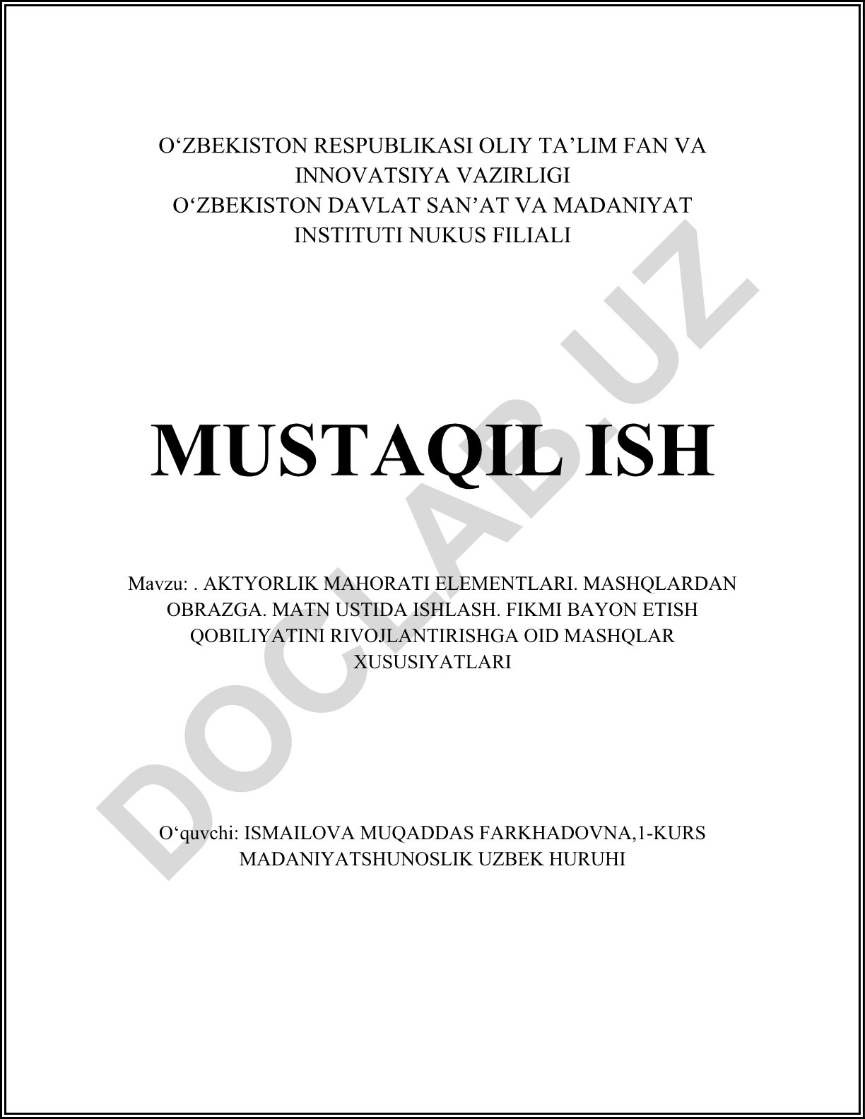 Aktyorlik mahorati elementlari va mashqlar xususiyatlari