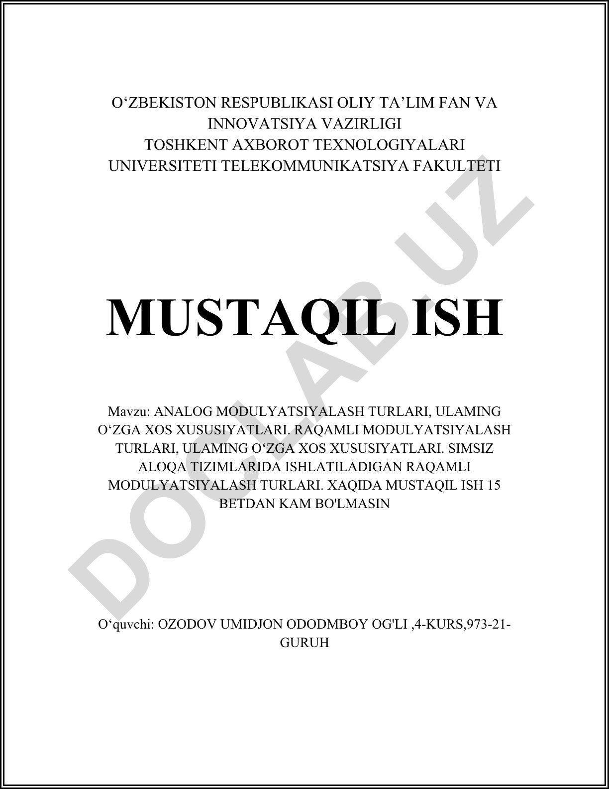 Analog va raqamli modulyatsiya turlari va ularning xususiyatlari