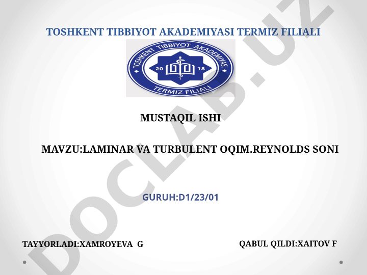 Laminar va turbulent oqim. Reynolds soni