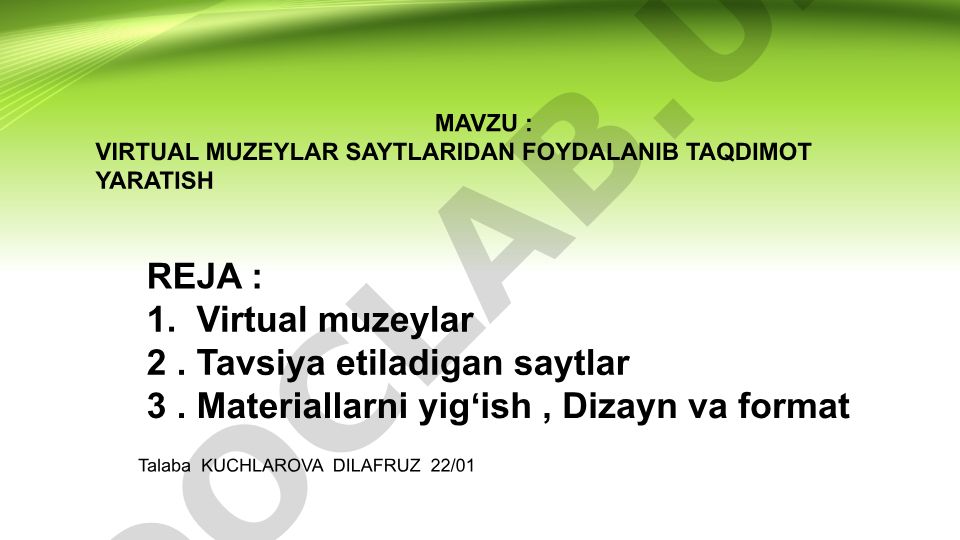 Virtual muzeylar saytlaridan foydalanib taqdimot yaratish