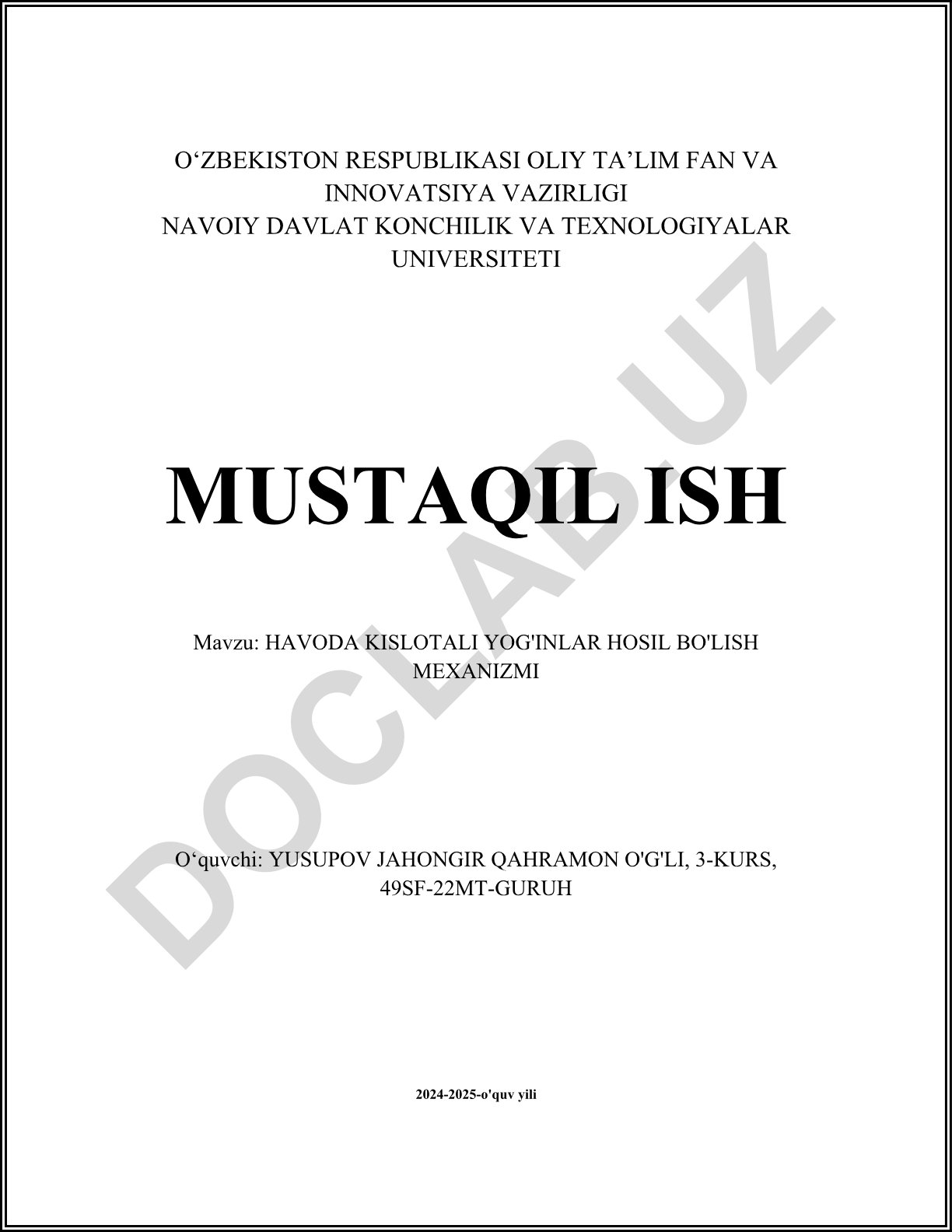 Havoda kislotali yog'inlar hosil bo'lish mexanizmi