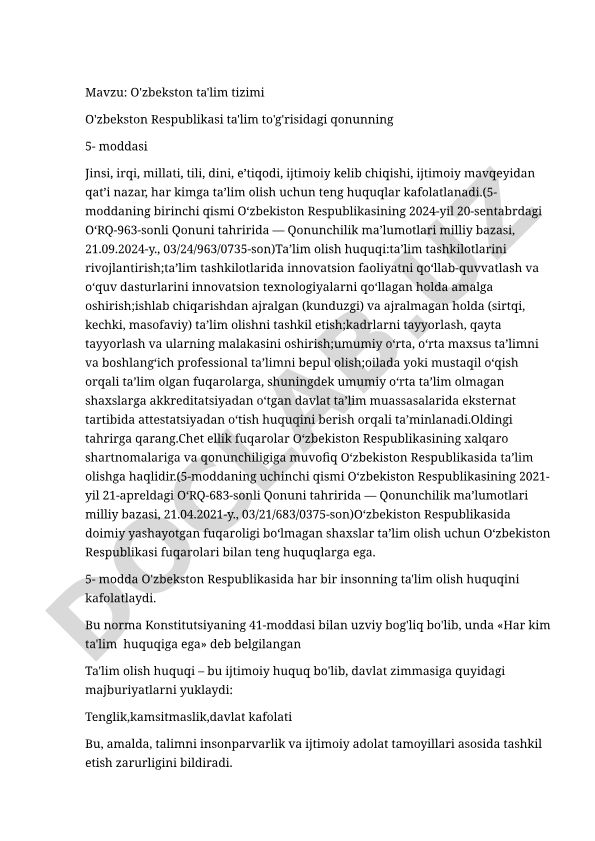 O'zbekiston ta'lim tizimi va ta'lim olish huquqlari