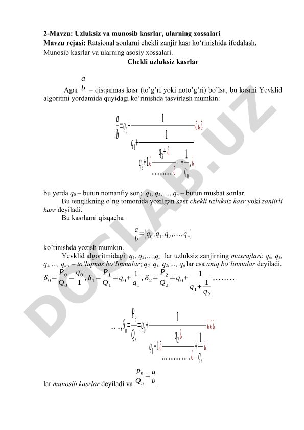 Uzluksiz va munosib kasrlar, ularning xossalari
