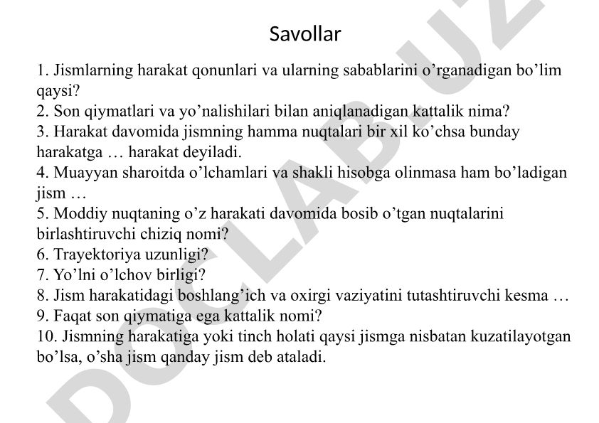 Fizika fanidan test savollari va javoblari