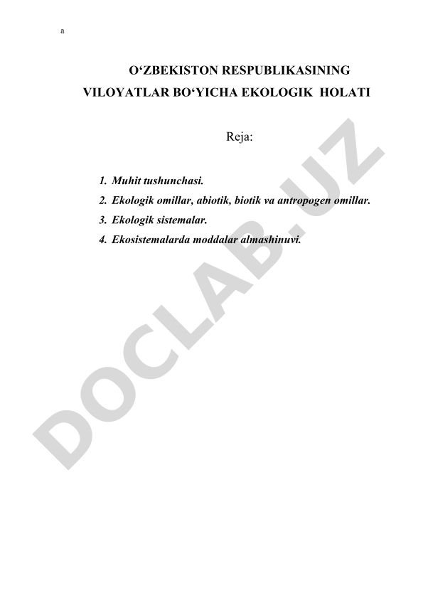 O'zbekiston Respublikasining viloyatlar bo'yicha ekologik holati