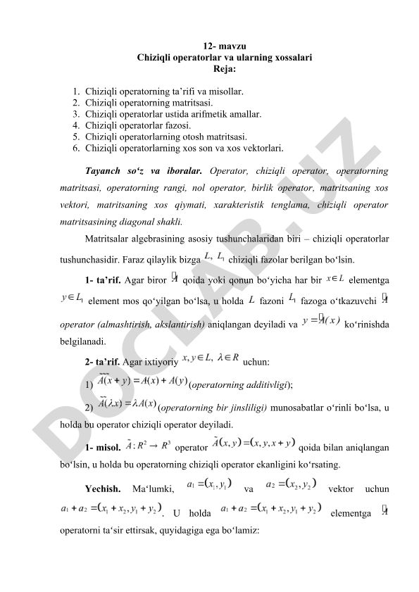 Chiziqli operatorlar va ularning xossalari