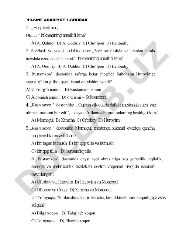10-sinf adabiyot fanidan 1-chorak test savollari