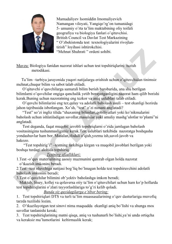 Biologiya fanidan nazorat ishlari uchun test topshiriqlarini tuzish metodikasi