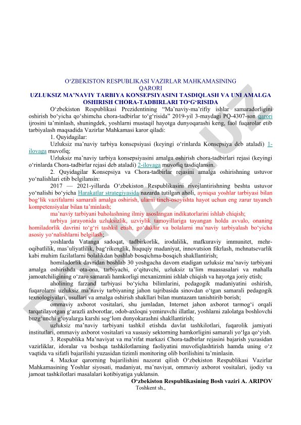 Uzluksiz ma'naviy tarbiya konsepsiyasini tasdiqlash va amalga oshirish chora-tadbirlari