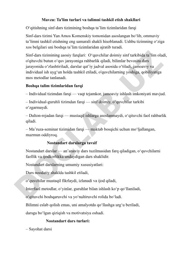 Ta'lim turlari va ta'limni tashkil etish shakllari