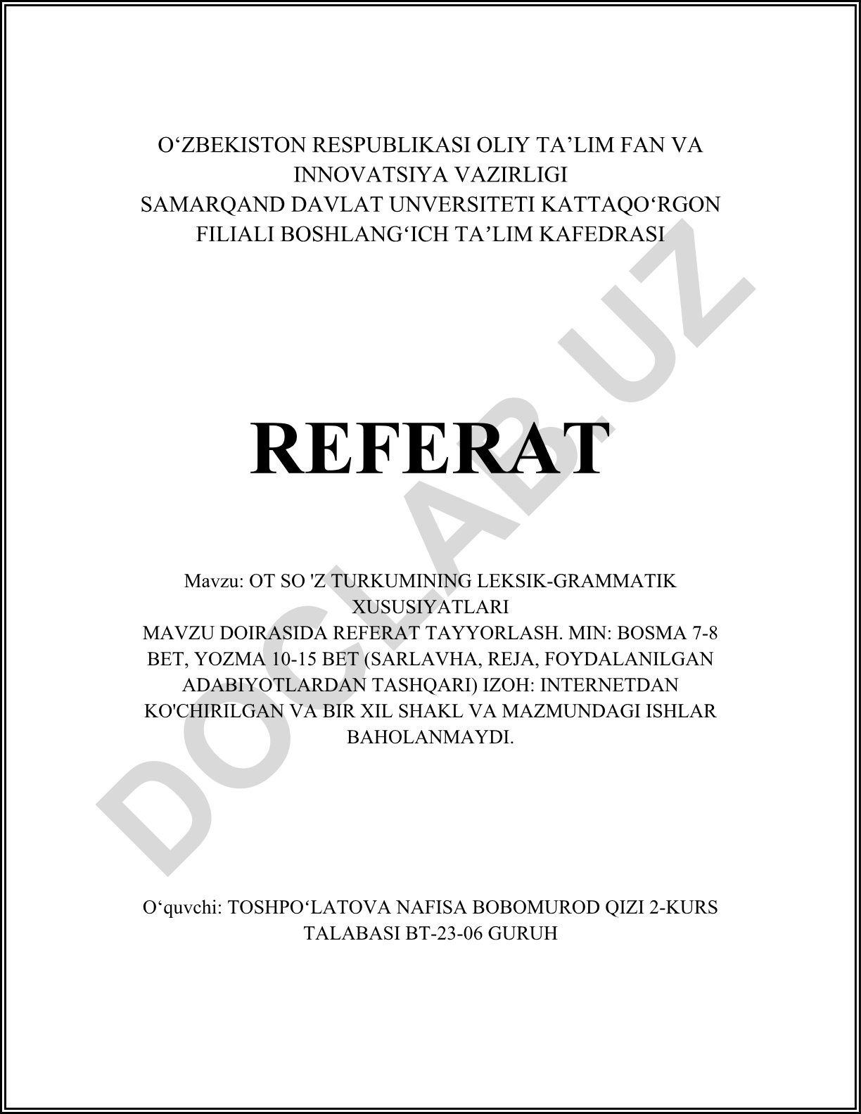 Ot so'z turkumining leksik-grammatik xususiyatlari