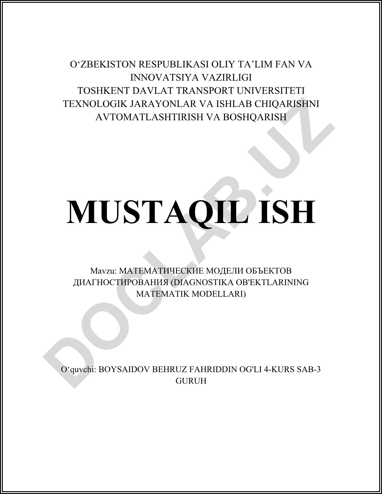 Diagnostika ob'ektlari uchun matematik modellarni tasnifi