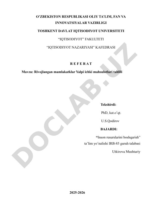 Rivojlangan mamlakatlar Yalpi ichki mahsulotlari tahlili