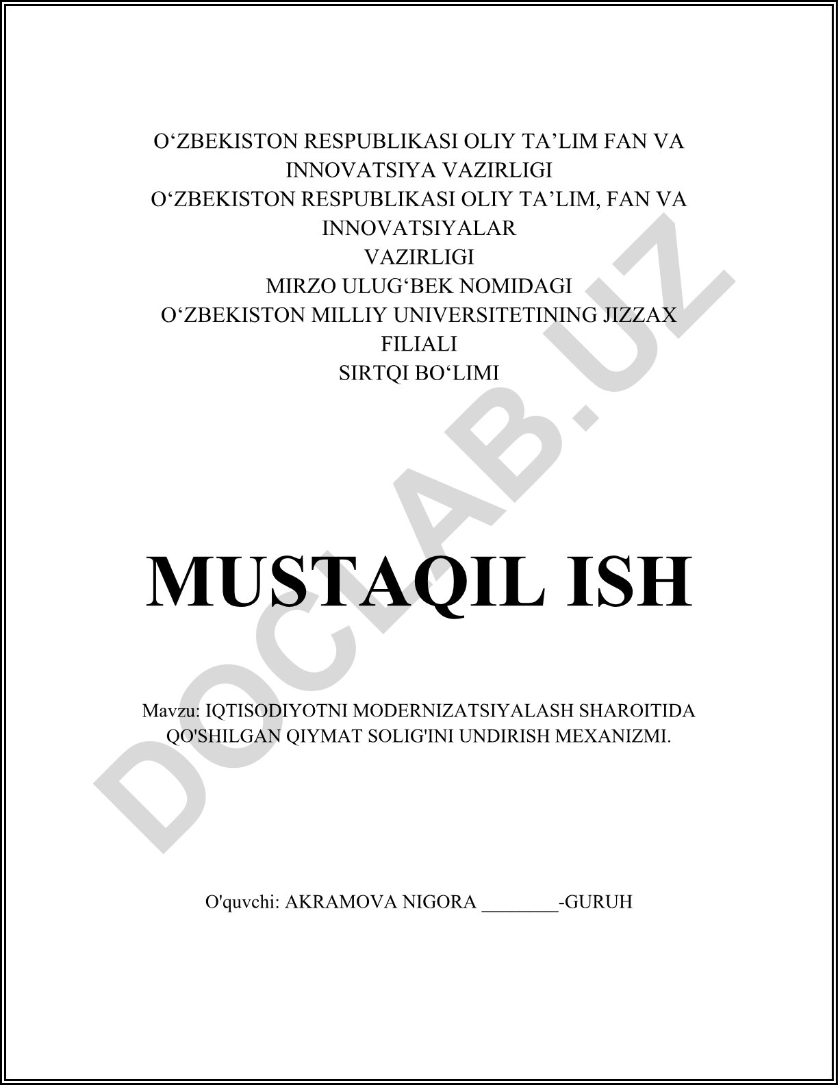 Iqtisodiyotni modernizatsiyalash sharoitida qo'shilgan qiymat solig'ini undirish mexanizmi