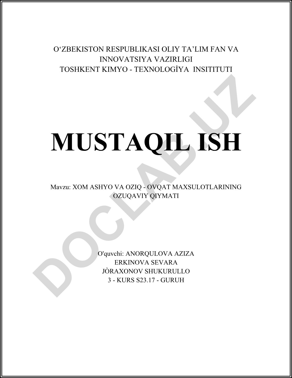 Xom ashyo va oziq-ovqat mahsulotlarining ozuqaviy qiymati