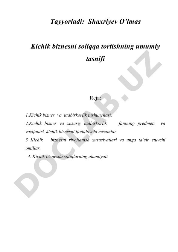 Kichik biznesni soliqqa tortishning umumiy tasnifi