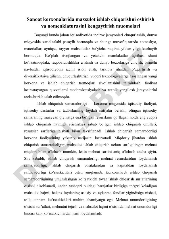 Sanoat korxonalarida ishlab chiqarish samaradorligi va raqobatbardoshlik