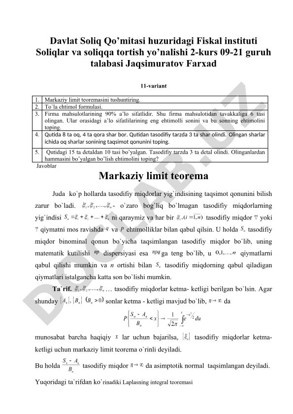 Ehtimollar nazariyasi va statistik masalalar