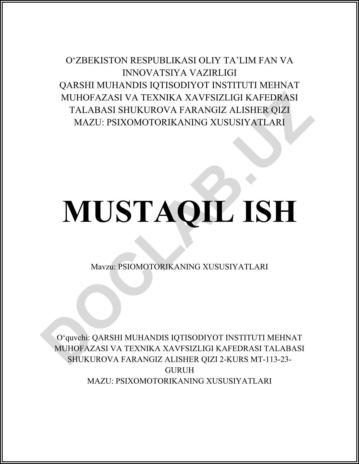 Psixomotorikaning xususiyatlari