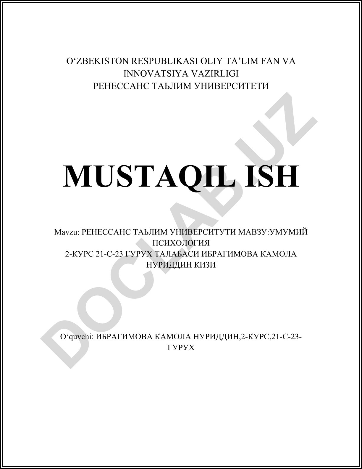 Umumiy psixologiya fanining predmeti va vazifalari