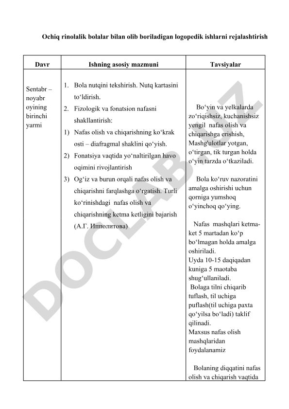 Ochiq rinolalik bolalar bilan logopedik ishlarni rejalashtirish