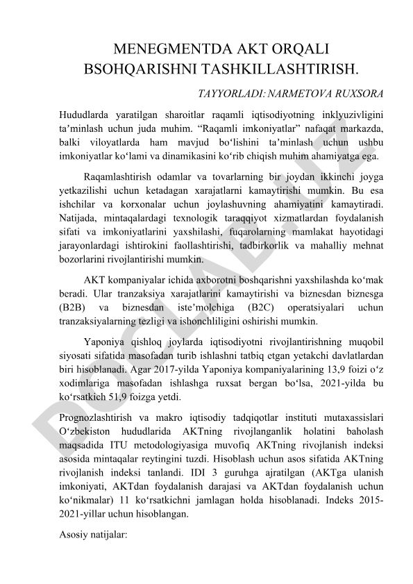 Menegmentda AKT orqali boshqarishni tashkil etish