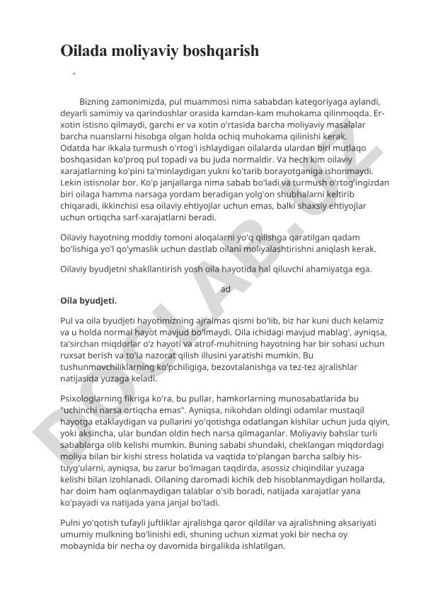 Oilada moliyaviy boshqarish va byudjet shakllantirish