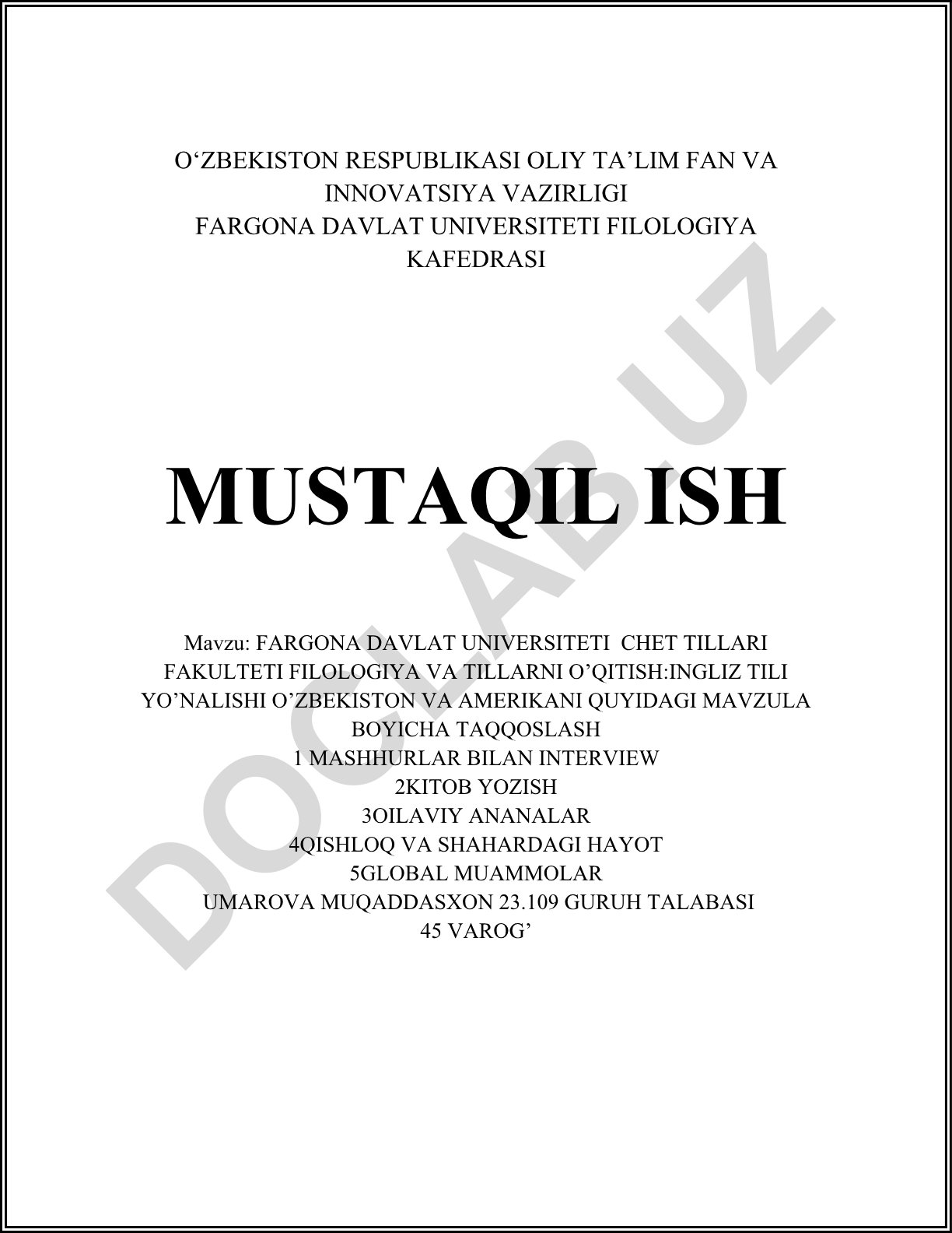Farg'ona davlat universiteti chet tillari fakulteti filologiya va tillarni o'qitish: ingliz tili yo'nalishi O'zbekiston va Amerikani taqqoslash