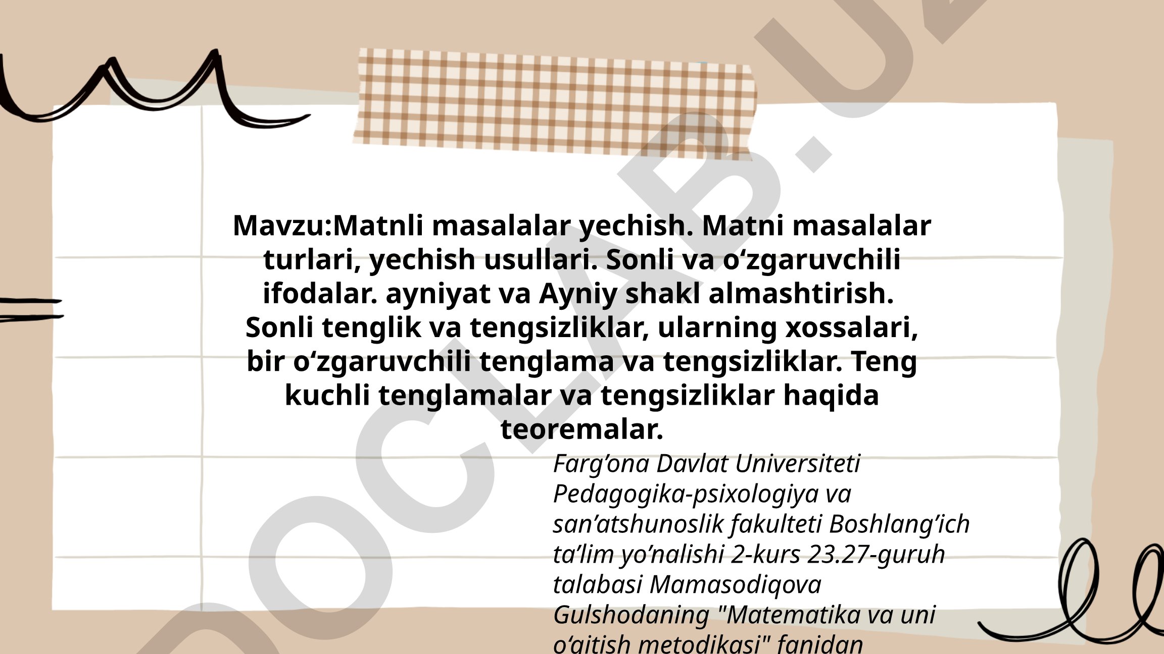 Matnli masalalar yechish, turlari va yechish usullari