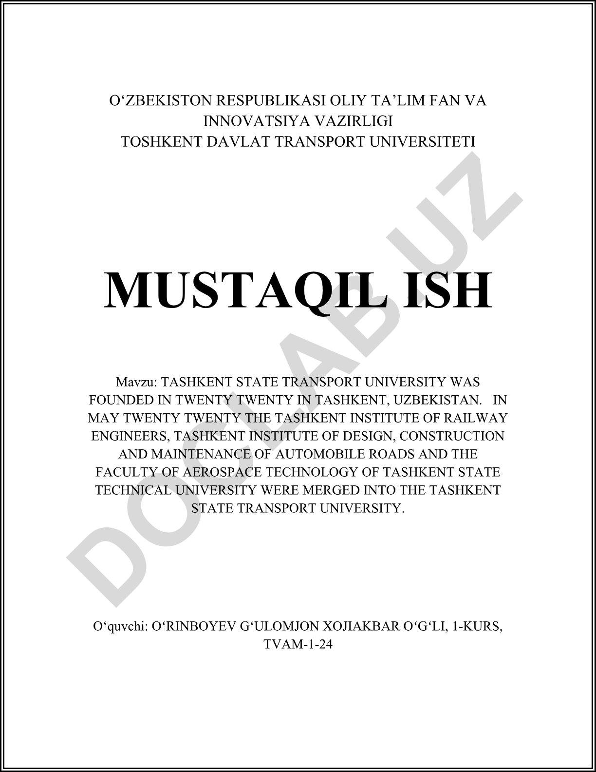 Toshkent davlat transport universiteti tarixi va tashkiliy tuzilmasi