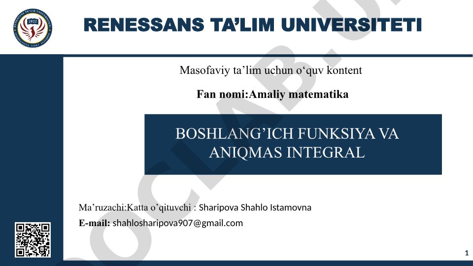 Boshlang'ich funksiya va aniqmas integral