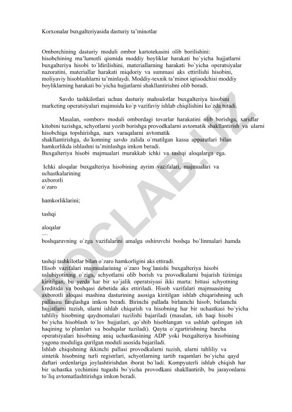 Korxonalar buxgalteriyasida dasturiy ta'minotlar va ombor moduli