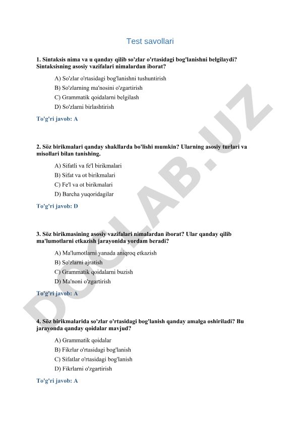 Sintaksis va so'z birikmalari test savollari